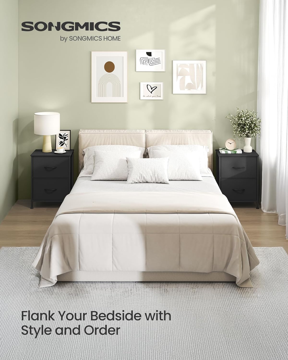 SONGMICS BELLAH Collection - Dressers for Bedroom, Chest of Drawers, Nightstands, 2 Drawers, Storage Organizer Unit, Closet, Entryway, Set of 2, Modern, Ink Black and Ebony Black ULGS112BH02S