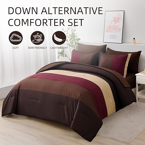 Miniatura 2 de Juego de edredón rojo y marrón, tamaño Queen, juego de edredón bohemio a rayas burdeos de 7 piezas en una bolsa, juego de cama de microfibra suave