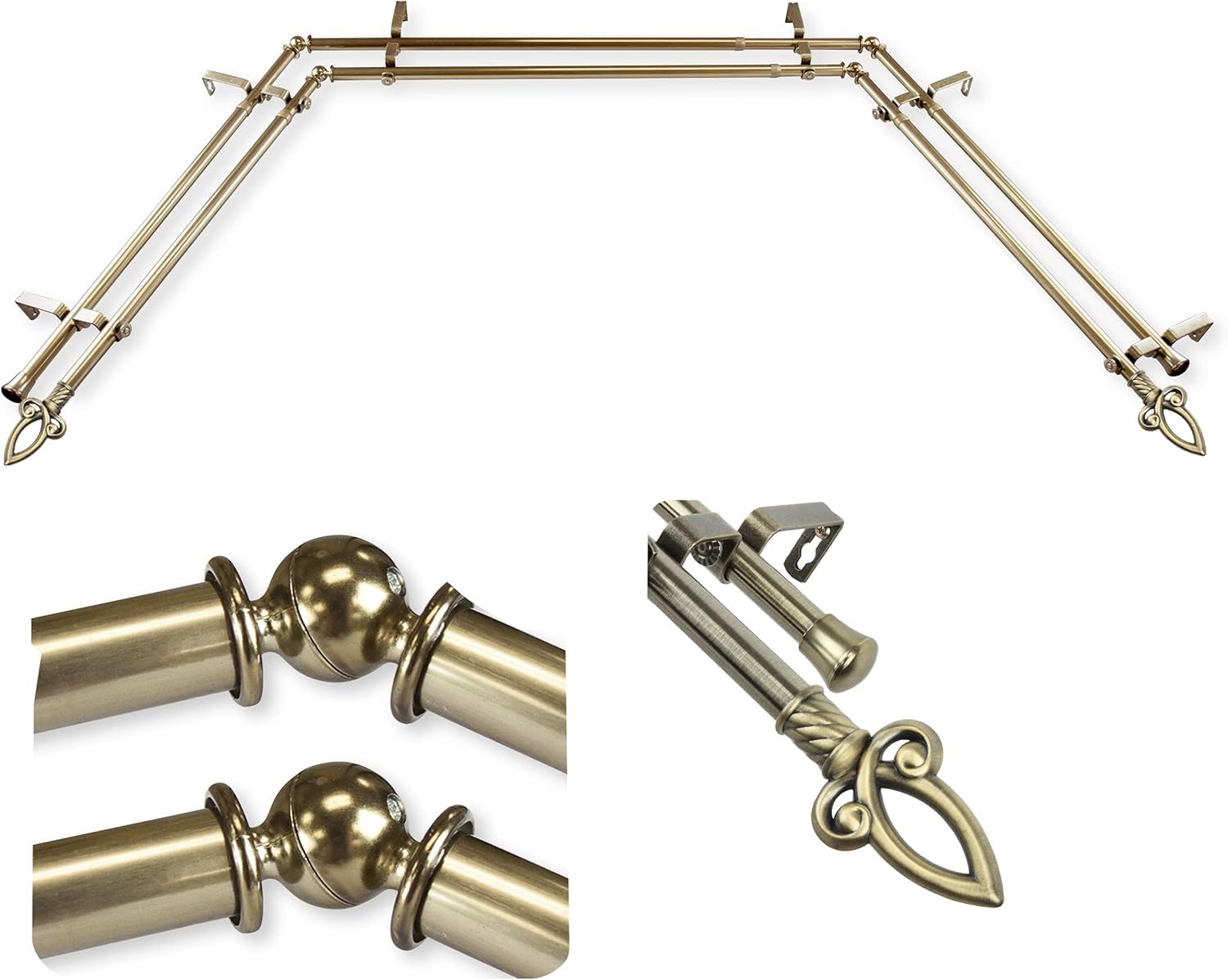 A&F Rod Décor - Scepter 13/16" Bay Window Double Curtain Rod 20"-36", 38"-72" - Antique Brass