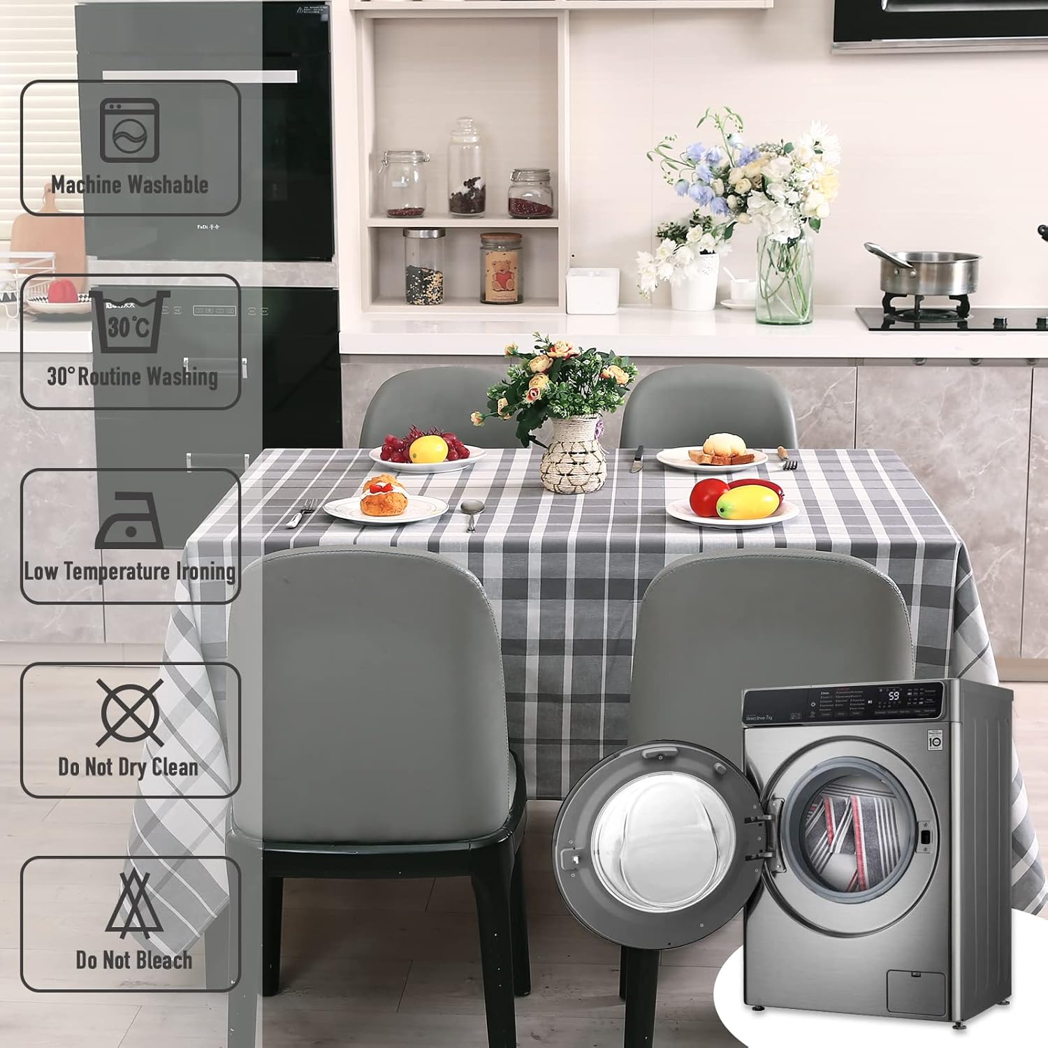 QUILTINA Recycled Cotton Table Cloth, 60''x102'' Water Resistant Tablecloths, Anti-Fading Wrinkle Free Rectangle Tablecloth for Dining, Coffee, Outdoor Use, Washable Table Cloths Grid, Grey Grid