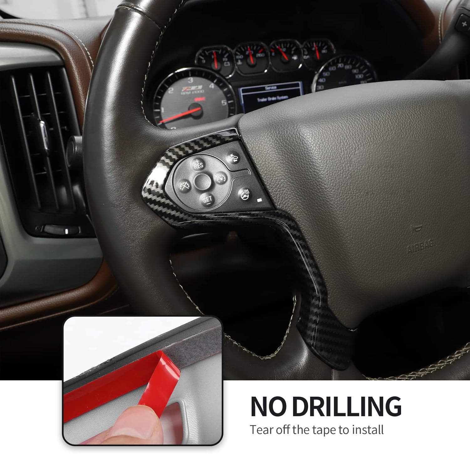 CheroCar for Chevrolet Silverado Steering Wheel Trim Cover ABS Decoration Interior Accessories for Chevrolet Silverado for GMC Sierra 2014-2018 (Carbon Fiber)