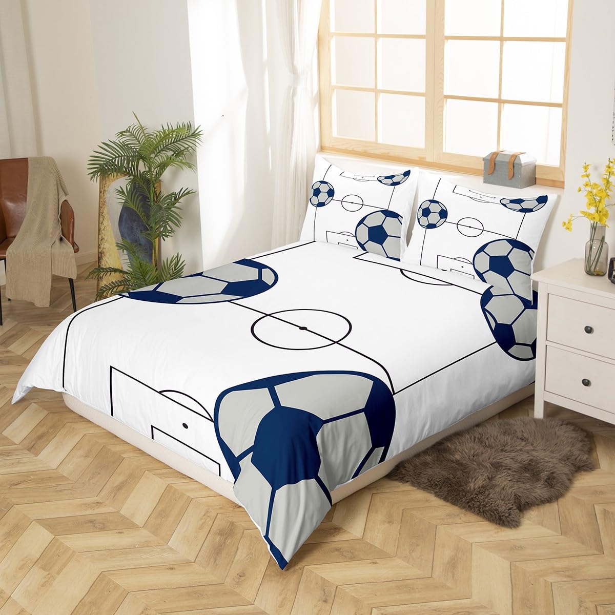 Loussiesd Football Bedding Set Kids Football Court Comforter Cover for Boys Girls Teens Soccer Ball Pattern Bed Cover Breathable Sports Theme Bedding Bedclothes Single - Image 4