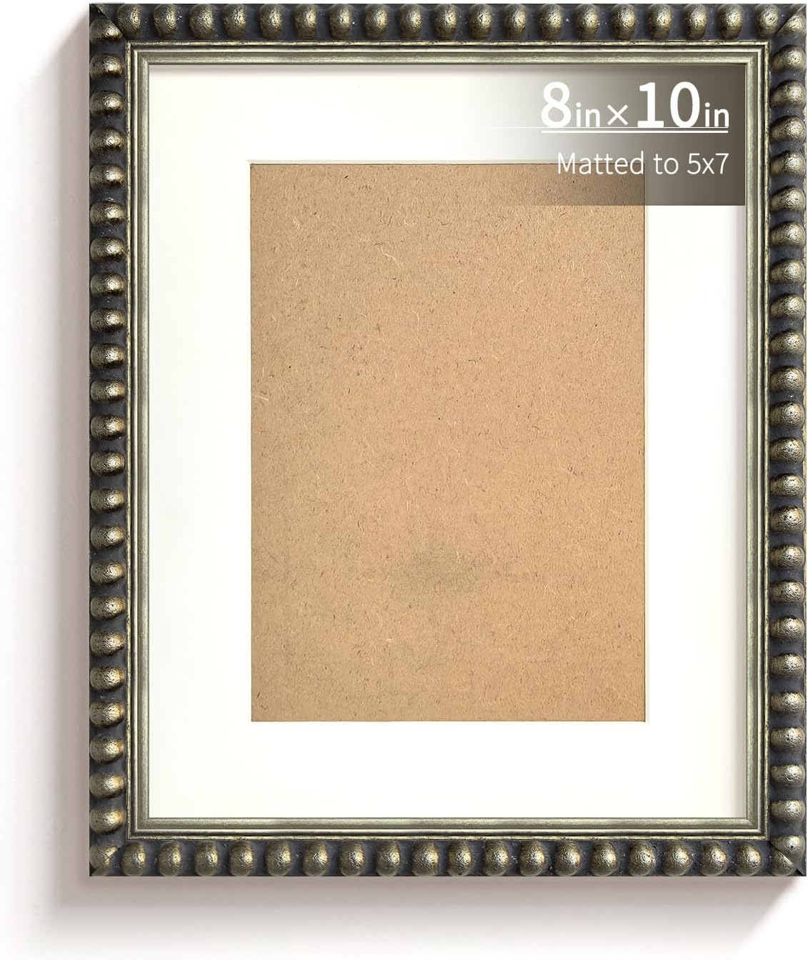 BWPFRAME 8x10 Picture Frame Matted to 5x7, Vintage Style, Real Wood, Black Frame with Edge Beaded Design, Plexiglass and Backer Included, Wall Display Frame for Photos and Prints