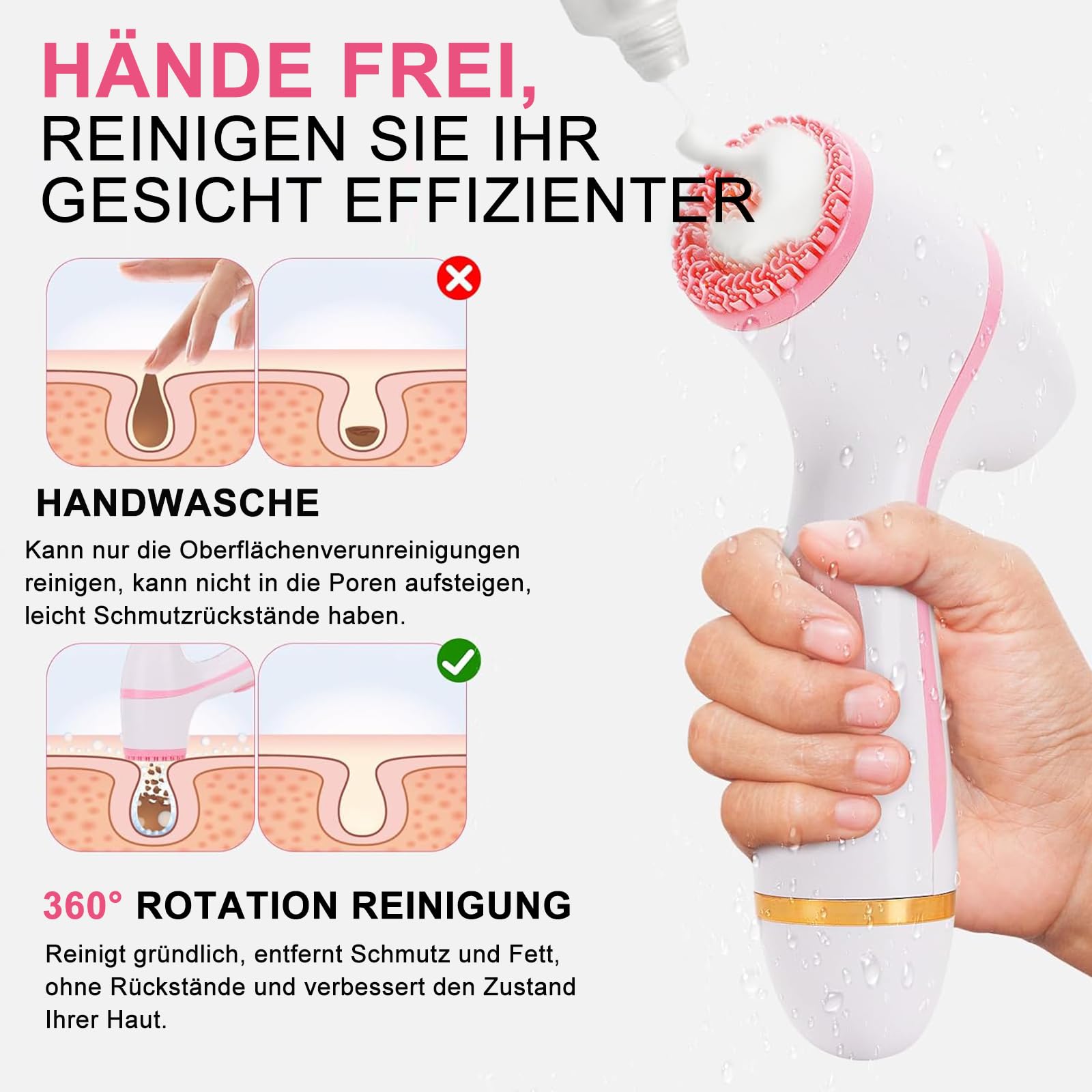 Maxspace Gesichtsreinigungsbürste, IPX7 Wasserdichte Gesichtsbürste Elektrisch mit 3 Bürstenköpfen und 2-stufige Rotation, Reinigungsbürste Gesicht für Gesichtsreinigung Exfoliation (Rosa)