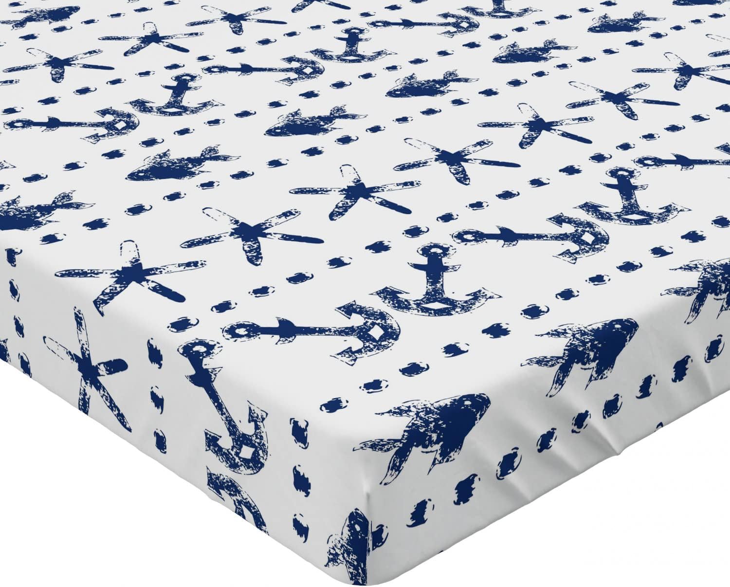 Ambesonne Navy 2 Pack Fitted Sheet, Anchor Starfish Sea Life, Bed Cover All-Round Elastic Deep Pockets 2 Pieces, Package Contains 2 Queen Size Fitted Sheets, Navy White