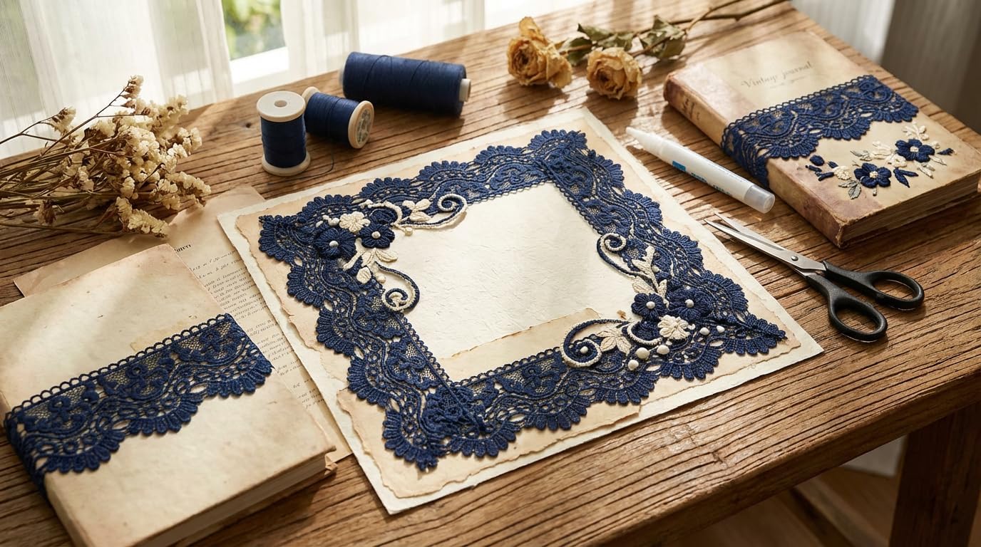 IDONGCAI Premium 4inch Wide Venice Lace Trim – Navy Floral Embroidered Edge for Wedding Decor, Bridal Gowns, DIY Sewing, Crafts & Home Accents