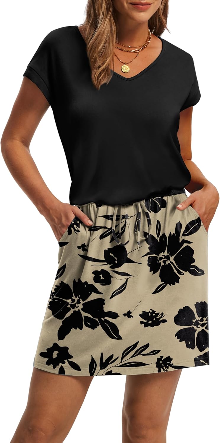 OFEEFAN Summer Dresses for Women 2026 V Neck T Shirt Casual Mini Dresses Tie Waist Sundresses with Pockets thumbnail