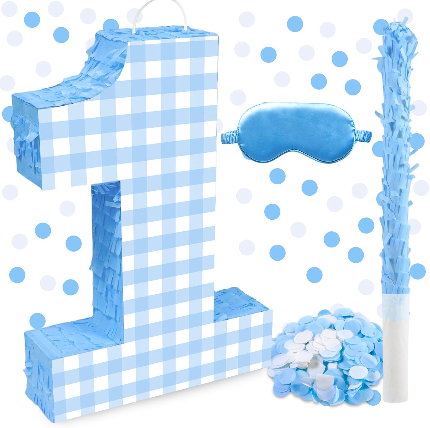 Blue Gingham Birthday Decorations, Gingham Number 1 Piñata with Blindfold Stick Blindfold Confetti for Gingham Birthday Party Supplies (blue gingham 1)