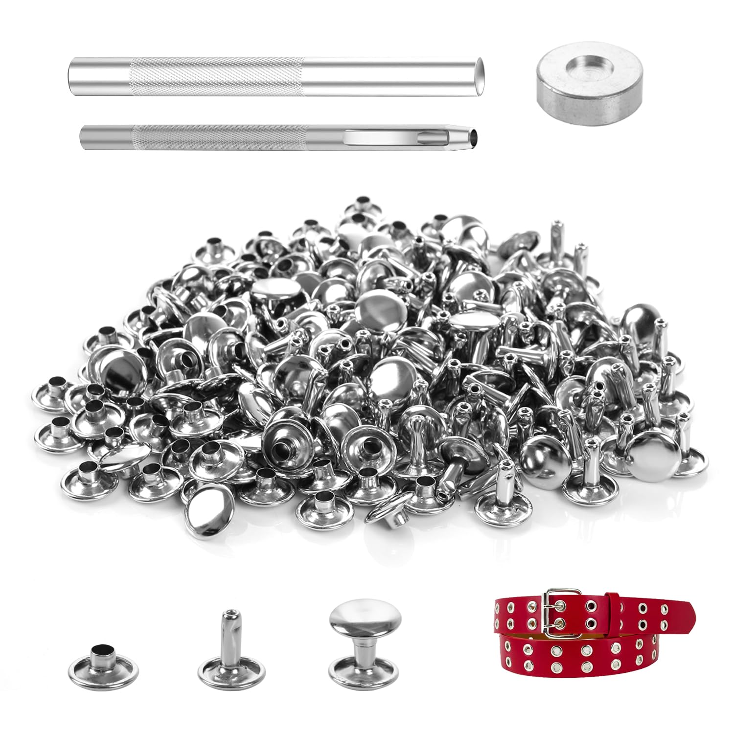 100 Sets Nickel Leather Rivets 10x8mm, Double Cap Metal Studs with 3pcs Setting Tool Kit for DIY Leathercraft, Belts, Bags, Shoes, Clothing Repair and Decoration