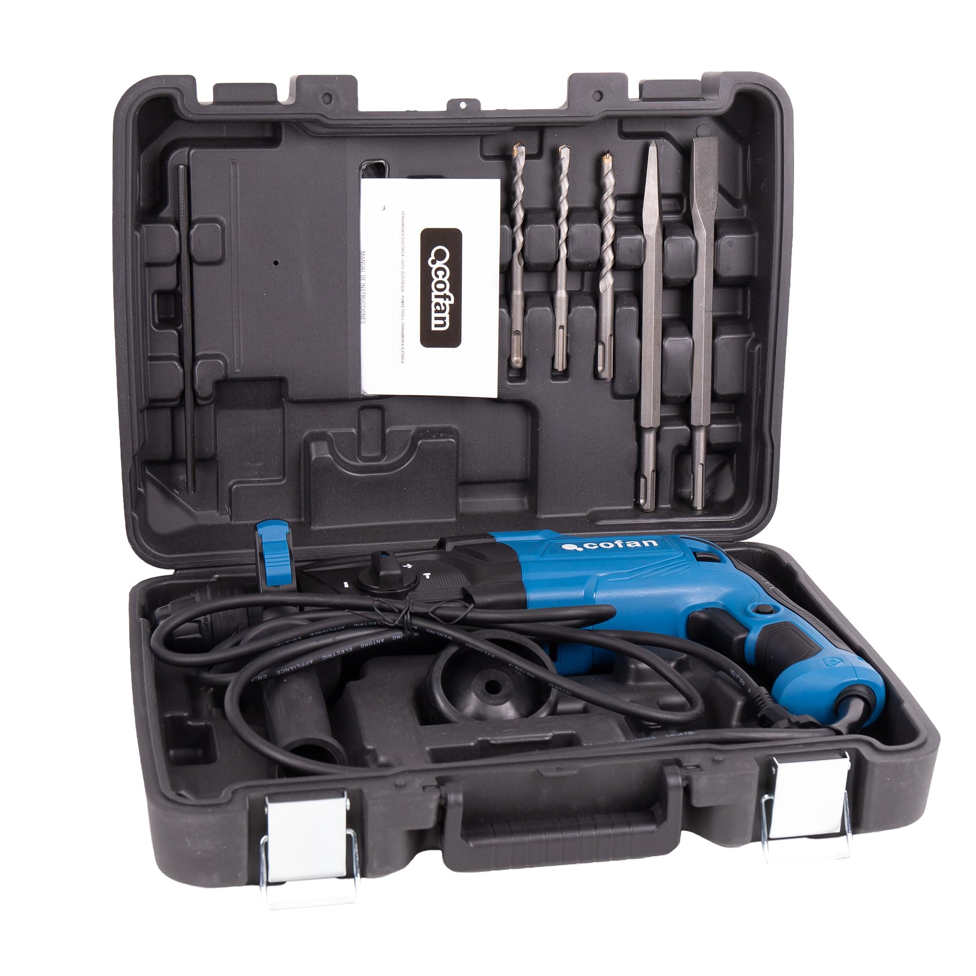 Cofan Martillo Perforador SDS-Plus 1050 W; Energía de Impacto 3;2 J; Martillo Demoledor 5200 bpm; Taladro Percutor con Cable 1200-5200 rpm; 4 funciones; Incluye 3 Brocas y 2 Cinceles