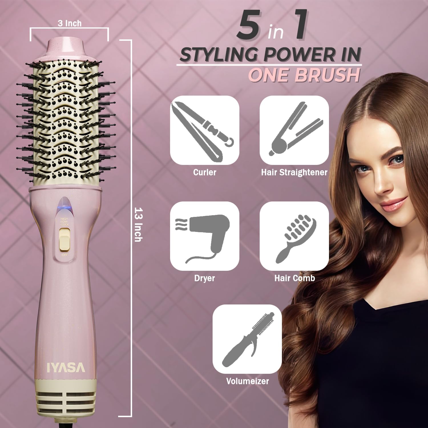 3” Large Barrel Ionic Hot Air Brush Hair Dryer – 75 mm One‑Step Volumizer Blowout Brush for Thick & Long Hair, 1100 W Plastic‑Tourmaline, Frizz Control, 3 Heat / 2 Speed, 13” Length