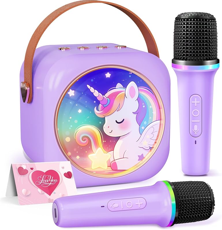 Máquina de karaoke para niños con 2 micrófonos inalámbricos, parlante para niñas con luces LED coloridas de unicornio, regalo de cumpleaños para niños de 3 a 12 años, juguetes portátiles para fiesta en casa