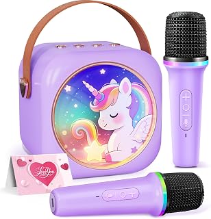 Máquina de karaoke para niños con 2 micrófonos inalámbricos, parlante para niñas con luces LED coloridas de unicornio, regalo de cumpleaños para niños de 3 a 12 años, juguetes portátiles para fiesta en casa