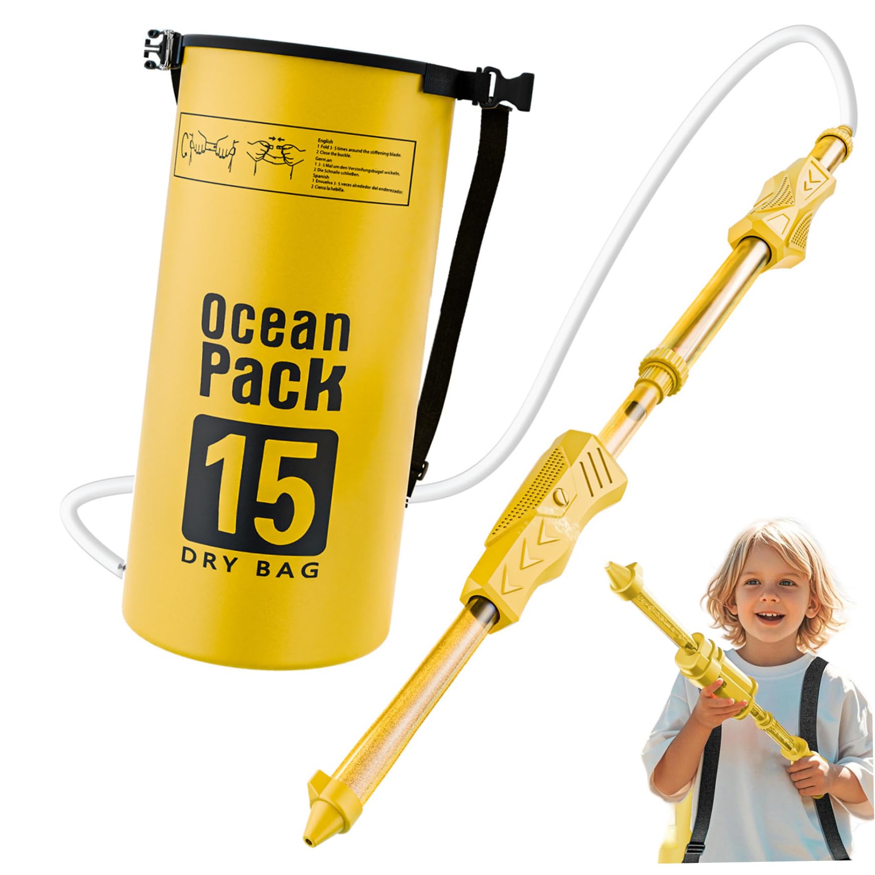 Pistolas de agua para niños, pistola de agua de largo alcance con tanque de mochila (15 L), color amarillo, PVC, juguetes de verano para playa, piscina, patio y exterior. Pistola de con tanq