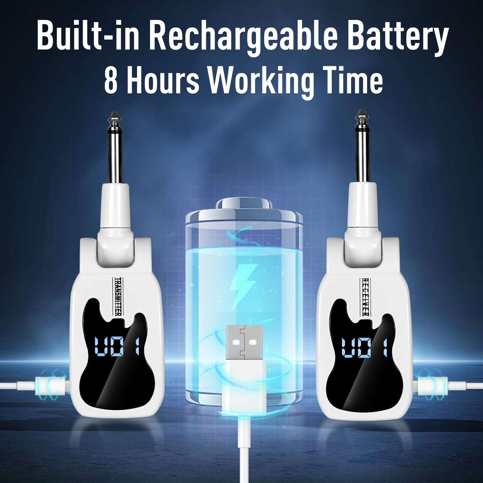 Système de guitare sans fil avec 16 fréquences réglables, émetteur récepteur sans fil rechargeable pour guitare, basse, instruments électriques (blanc)
