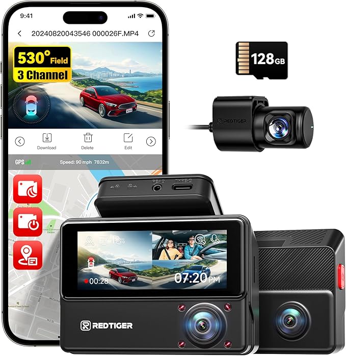REDTIGER 530° 3 Canali,Dash Cam Auto 2.5K+2.5K+1080P con Scheda da 128GB, Visione Notturna IR, Touch Screen, Telecamera per Interno Anteriore Posteriore Inclusa WiFi GPS, Modalità Parcheggio 24H