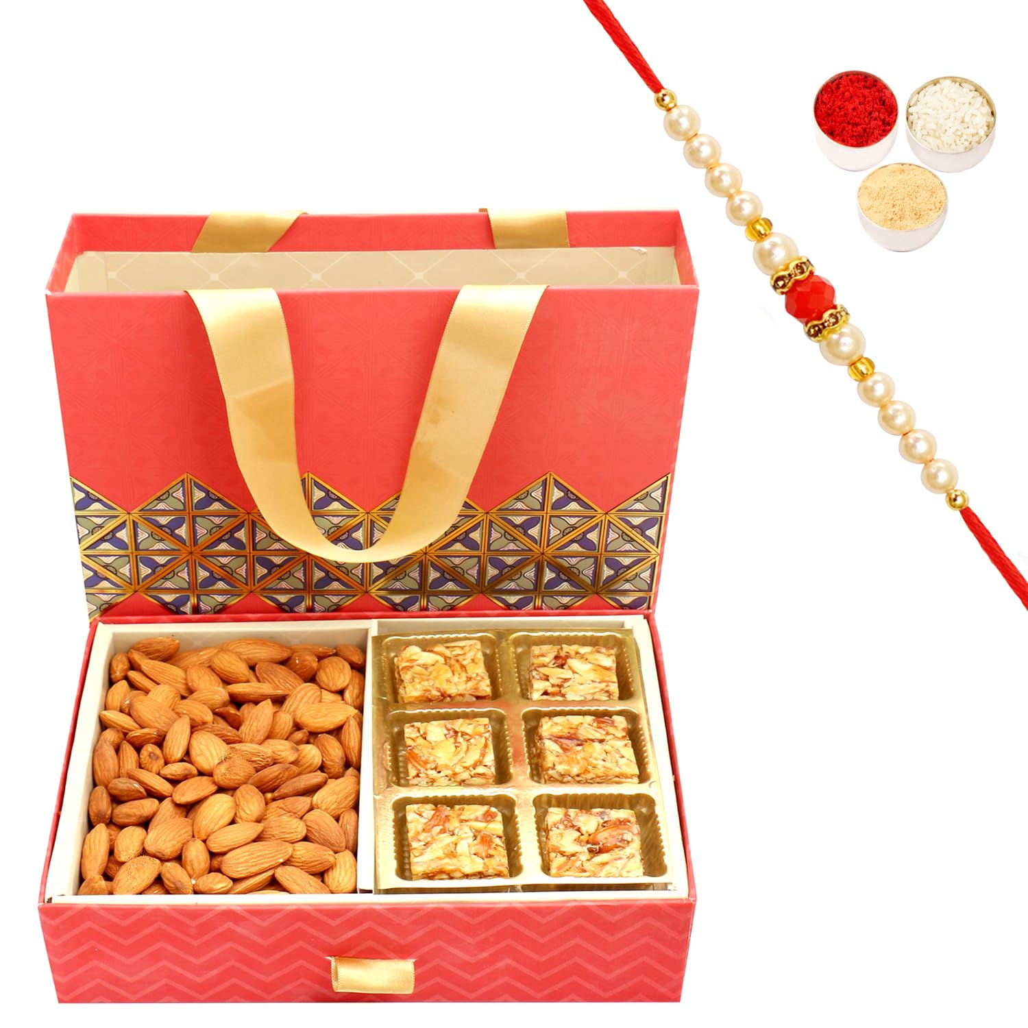 Ghasitaram Gifts Rakhi Gifts for Brothers Rakhi Dryfruits 2 Part Almonds Cashews Bag Box 300 GMS with Pearl Rakhi