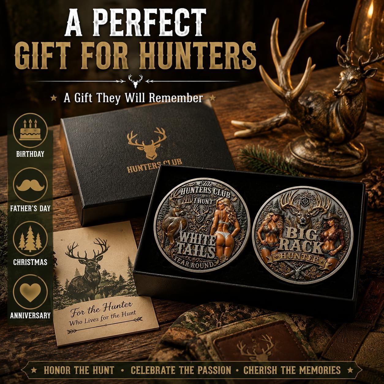 Elite Hunter Club Commemorative Coin, Big Rack Hunter Double-Sided Challenge Coin with I Hunt White Tails Year Round, Deer Hunter Gift for Dad, Husband, Outdoorsman and Hunting Enthusiasts，1PCS image 3
