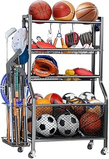 ALSTON Sports Equipment Organizer Heavy Duty Carbon Steel Ball Storage Rack with 360 Rotating Casters Baskets and 6 Hooks for Garage Sports Gear Toys Storage