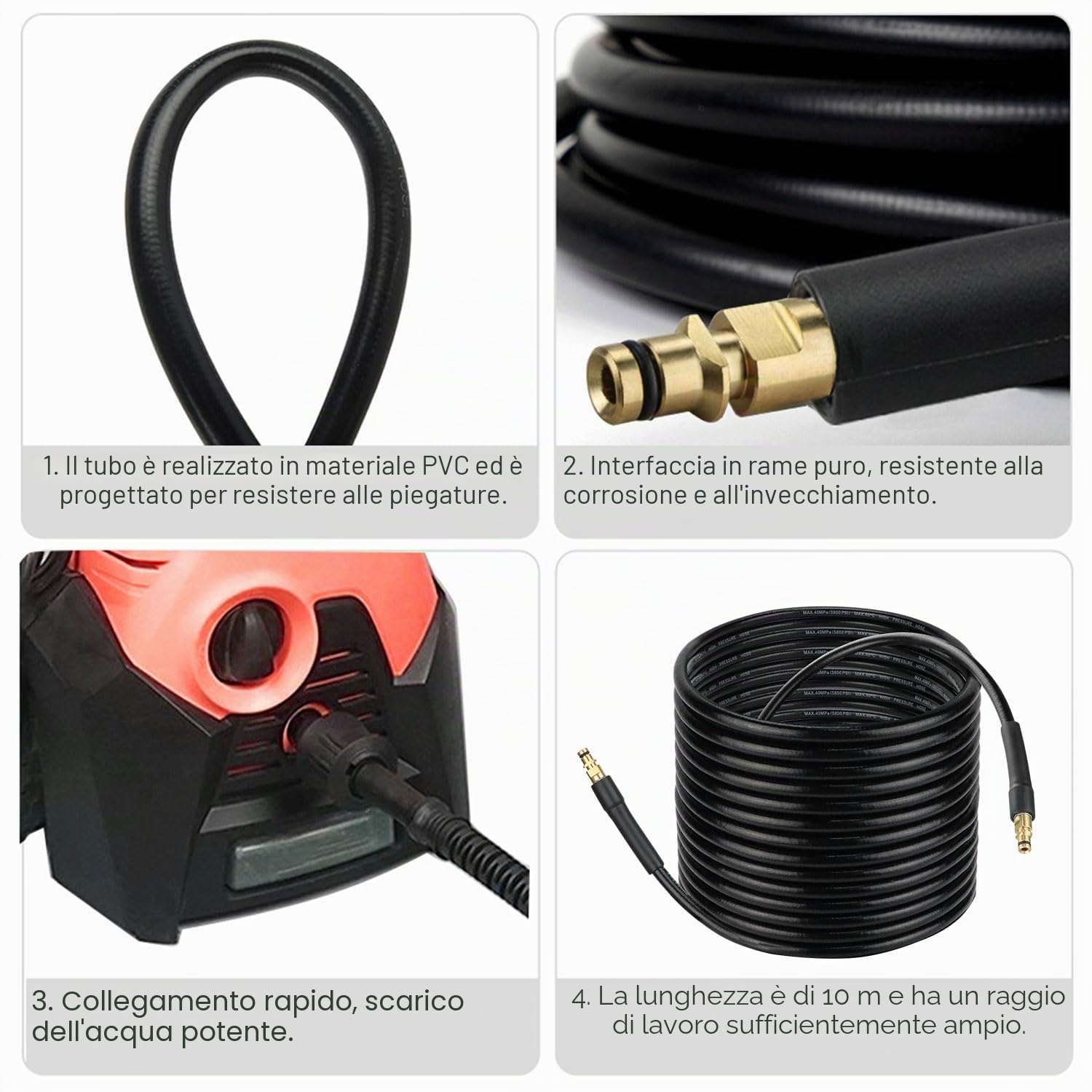 10 m Tubo ad alta pressione per idropulitrice Karcher K2 K3 K4 K5 K6 K7, tubo di ricambio ad alta pressione 400 bar con connettore rapido, tubo per lavaggio a getto per pulizia auto, strada, giardino