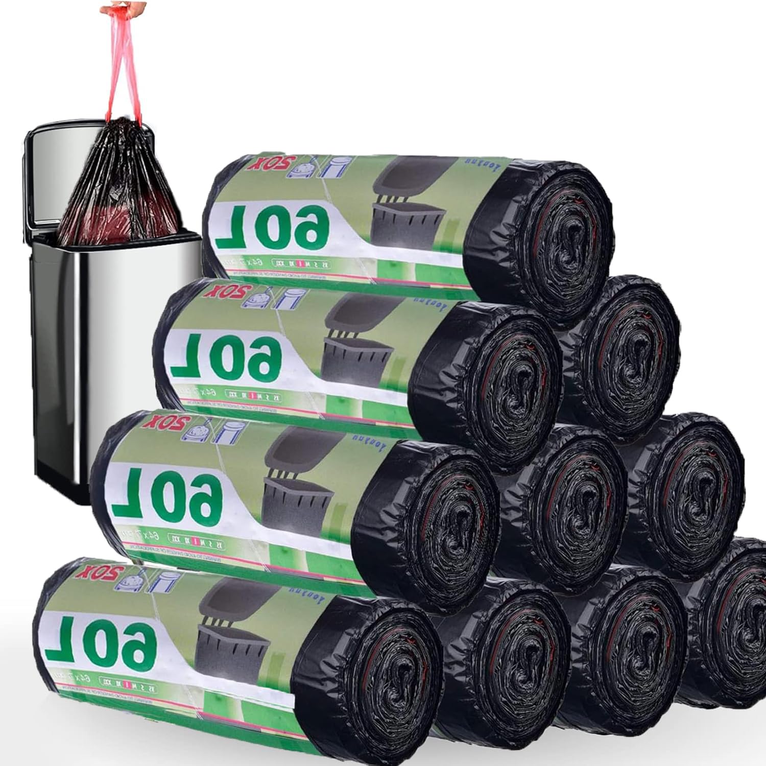 SENENQU 200 Pezzi Sacchi Neri Grandi Resistenti 60 L Spazzatura | Sacchetti Immondizia, Sacchi Spazzatura 60 litri, Buste Immondizia, Resistenti e Antiperdita, con Manici 64x71cm, 10 Rotoli