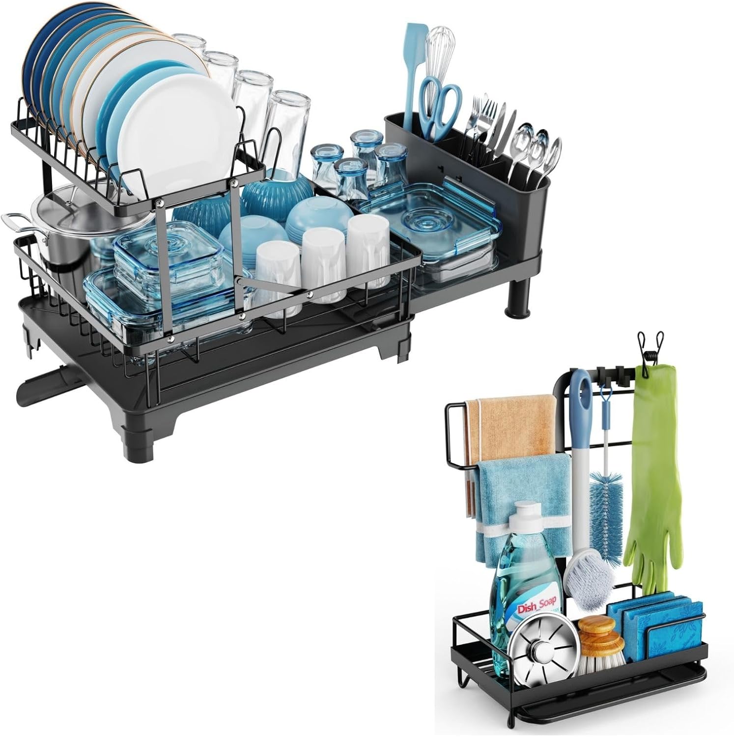 GSlife 2 in Set Expandable 2 Tier Dish Drying Rack and Large Kitchen Sink Caddy, Bundle Sales