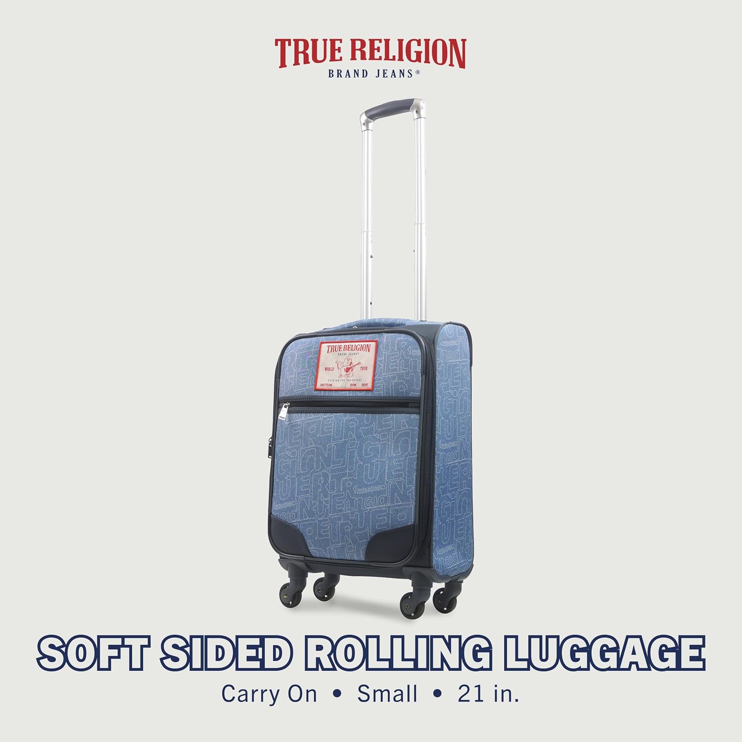 True Religion 23" Rolling Luggage, Softshell Suitcase with Spinner Wheels, Denim