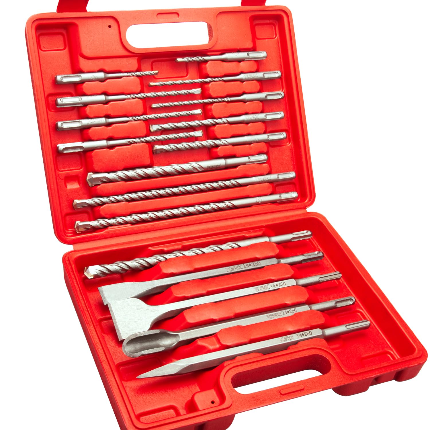 TOPEX Juego de 17 brocas SDS Plus para martillo rotativo y brocas de cincel para perforar ladrillos, hormigón, pared, piedra