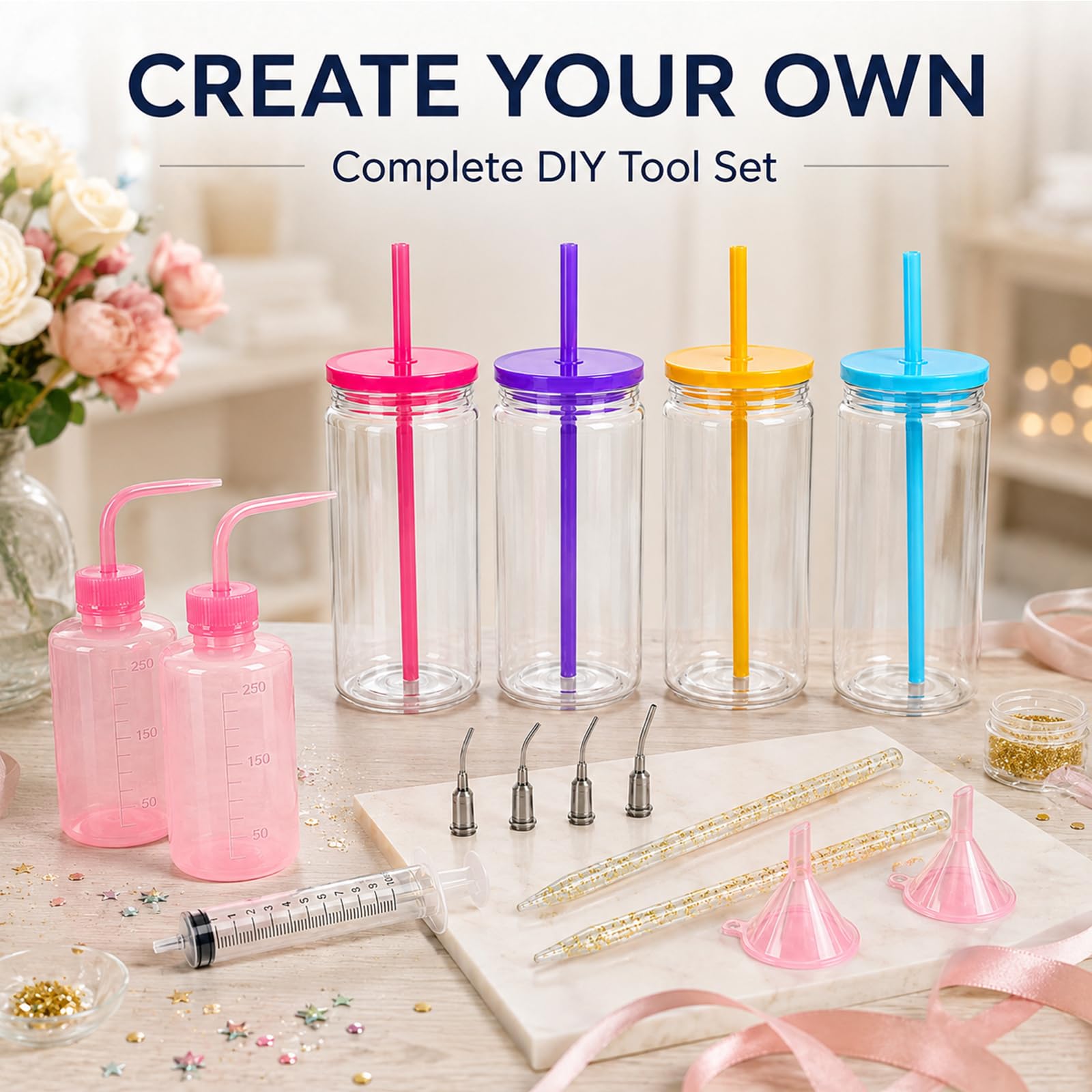 KASURE Confezione da 4 bicchieri a doppia parete in plastica da 473,6 g, in rosa, viola, giallo, blu, con 14 strumenti fai da te glitterati, set completo per la creazione di palle di neve per