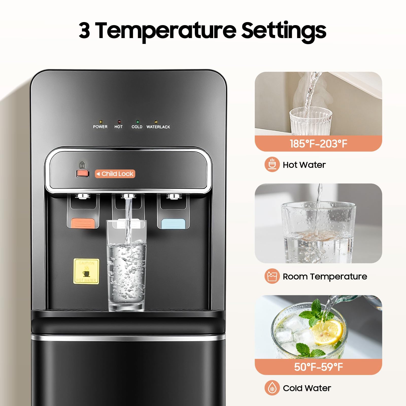 Dispensador de agua de pie con carga inferior, 3 temperaturas: fría, caliente y ambiente, dispensador de agua para garrafas de hasta 22.7L, 550W calor y 75W frío, bloqueo infantil y ahorro en