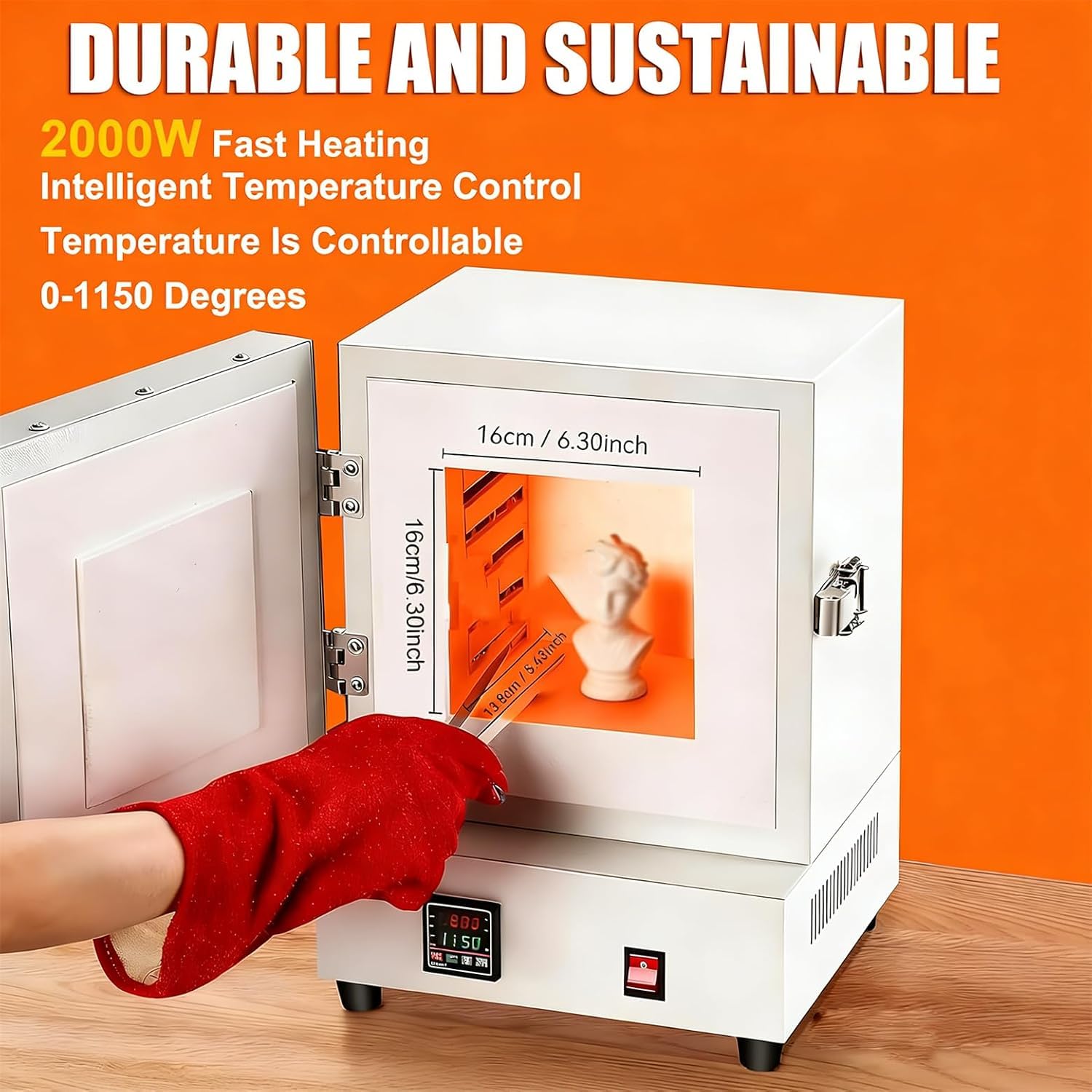 Horno Eléctrico 2000W, Horno de Mufla Digital 1150°C/2102°F, Horno de Calcinación de Sobremesa para Joyería, Fusión de Metales, Fundición a la Cera y Cerámica, Precisión ±1°C, Calentamiento 4 Lados