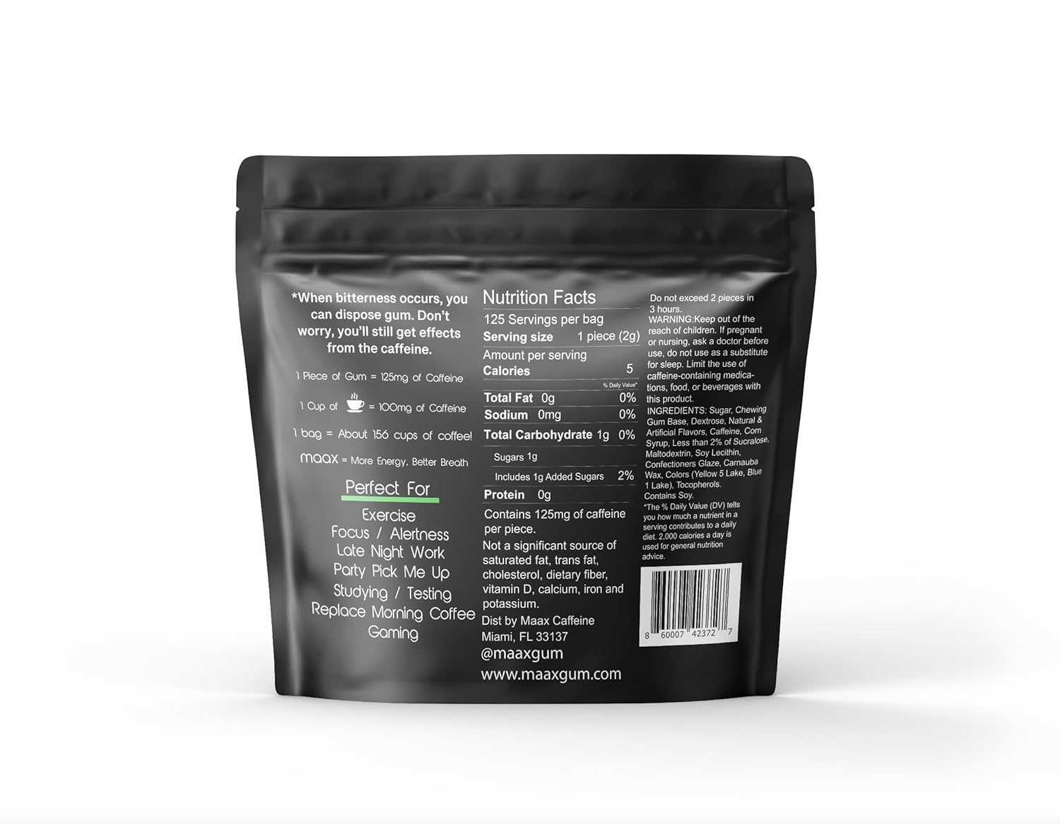 Maax Caffeine Energy Gum | Focus Gum | 125mg of caffeine per piece | Spearmint | 125 total pieces per bag