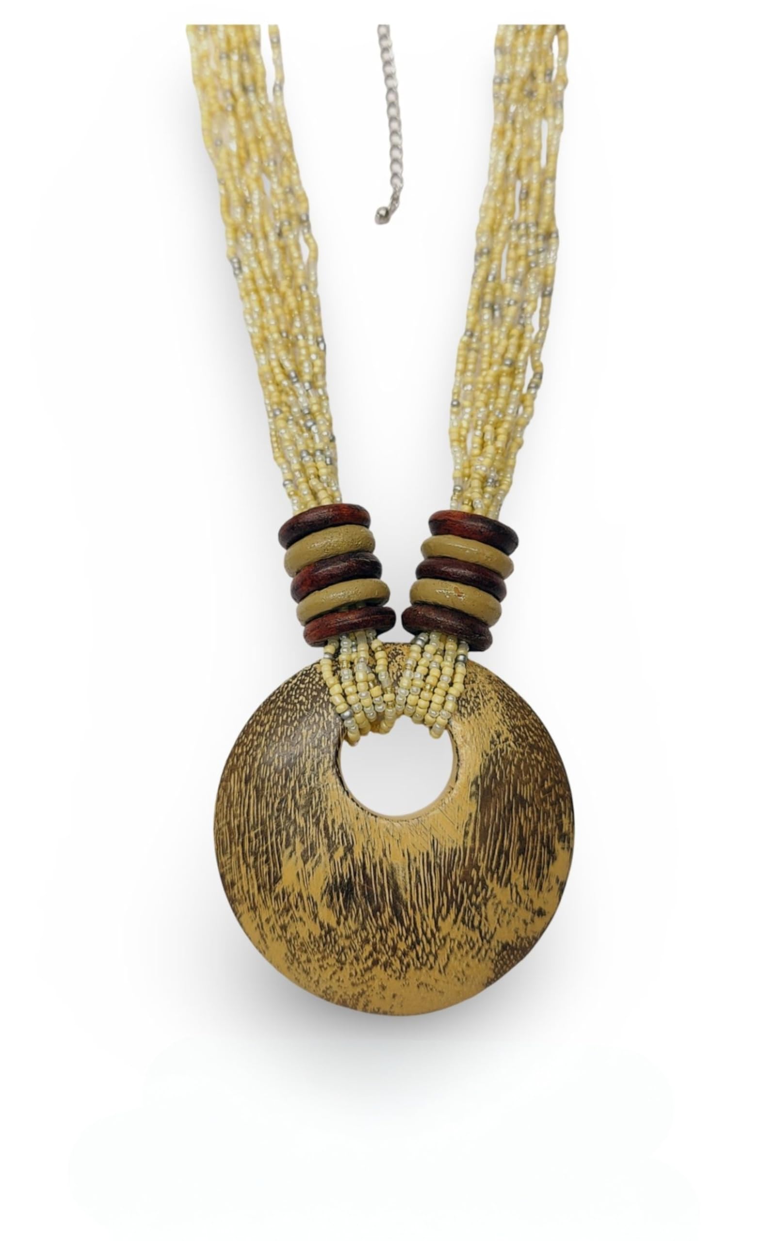 Handcrafted Wooden Circle Pendant Necklace, Multi-Strand Beaded Chain, Golden Brown-image-23
