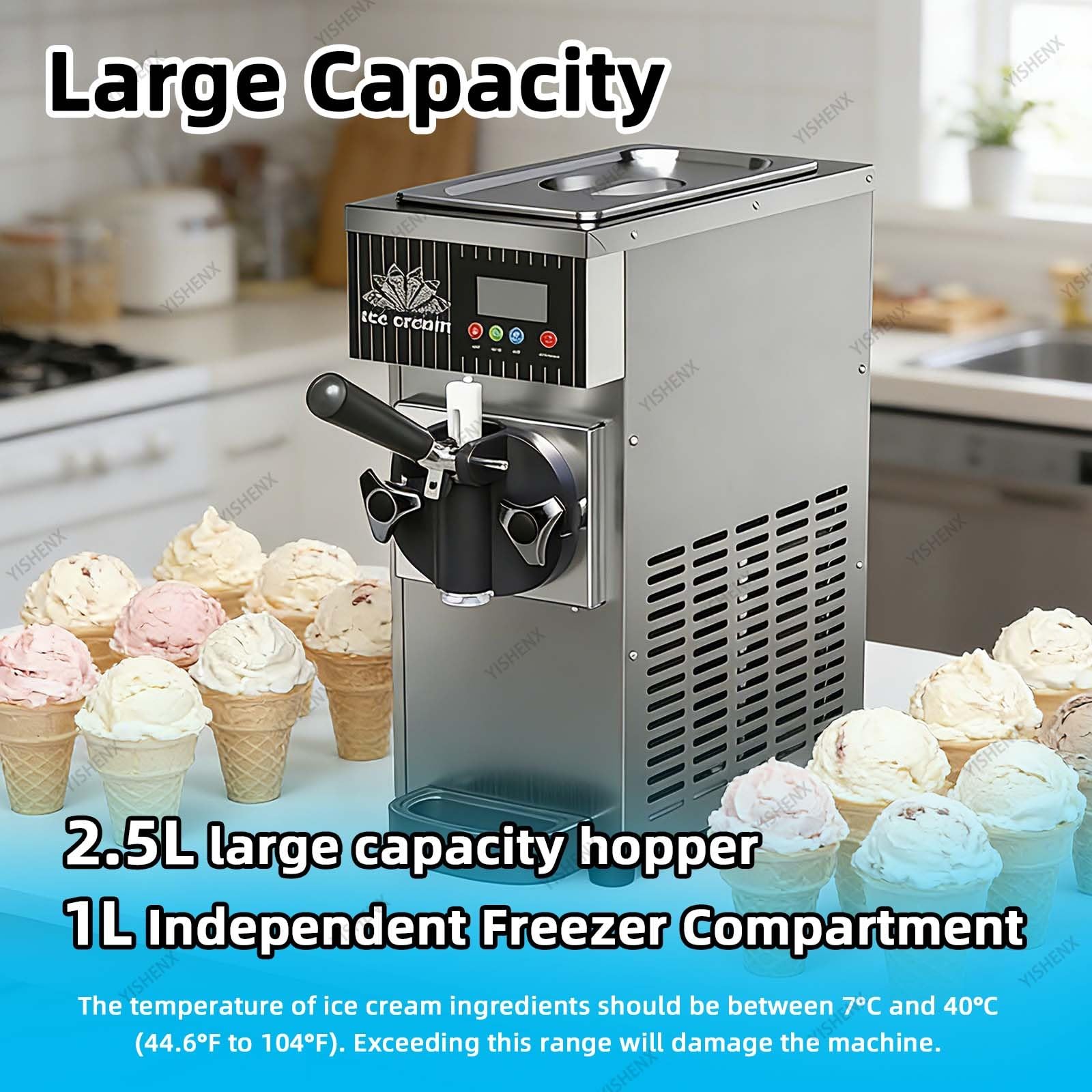 Máquina De Sobremesa Para Helado Suave 450 W, Enfriamiento Rápido, 4-5 L/H, Capacidad 3,5 Litros, Dureza Ajustable, Limpieza Automática, Un Solo Sabor, Cuerpo Acero Inoxidable(Gray)