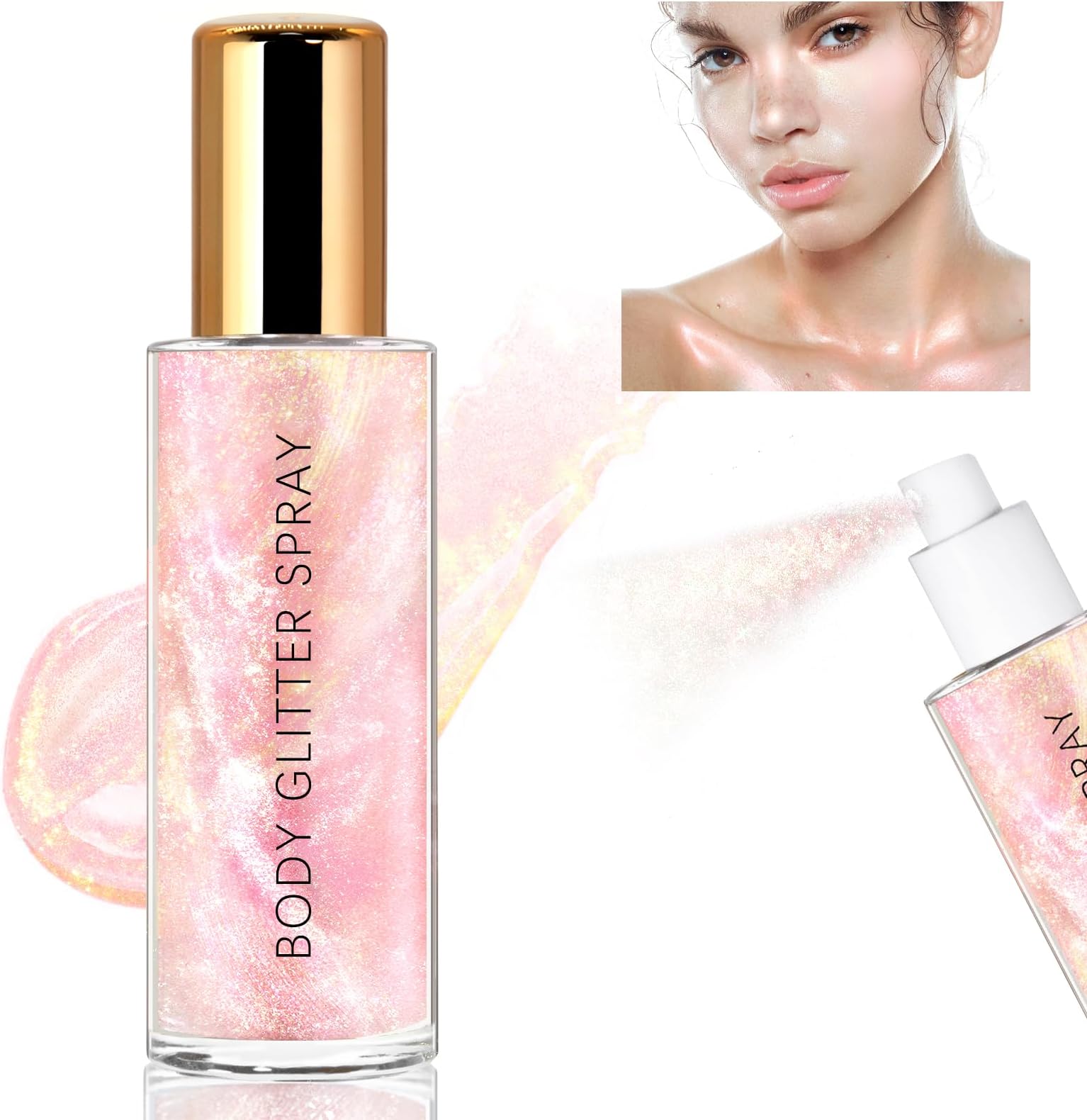 Body Glitter Spray, Moisturizing Bronze Body Shimmer Luminizer Glow Illuminator Quick-Drying and Non-Sticky Liquid Highlighter Spray for Face Hair Glitter, 60ML -Pink