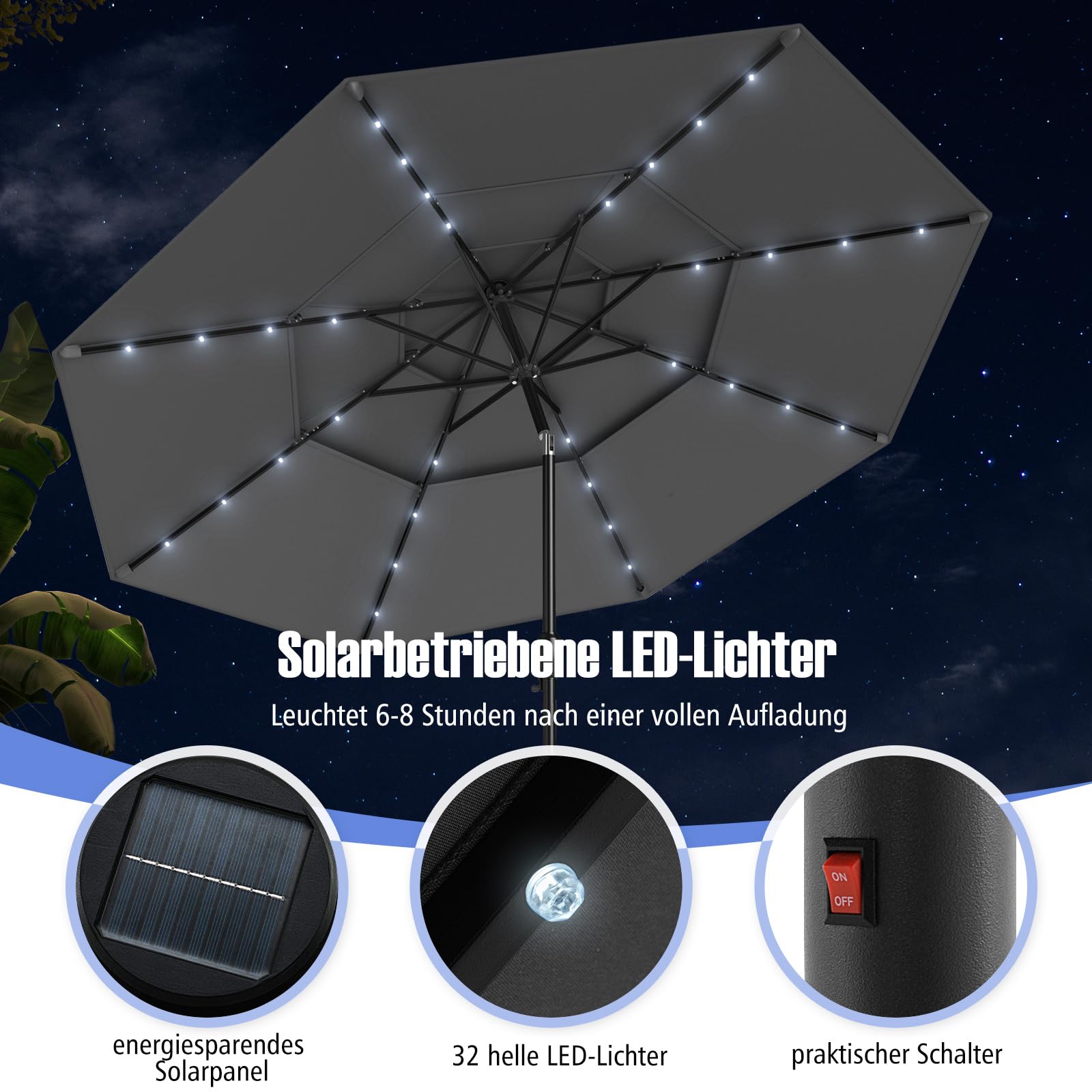 COSTWAY Parasol przeciwsłoneczny z oświetleniem solarnym LED, 300 cm, odporny na wiatr, stabilny, parasol tarasowy z korbą, obustronnie zginany o 35°, parasol balkonowy, do ogrodu, na balkon, antracyt