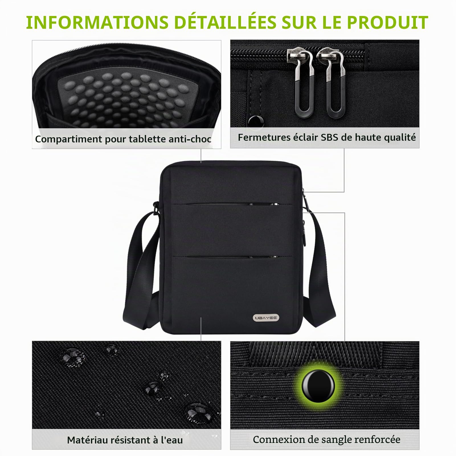 Sacoche Homme Bandoulière en Tissu Oxford avec Poche de Blocage RFID (Compatible avec iPad Tablette 11 Pouces, 27 cm (Noir)