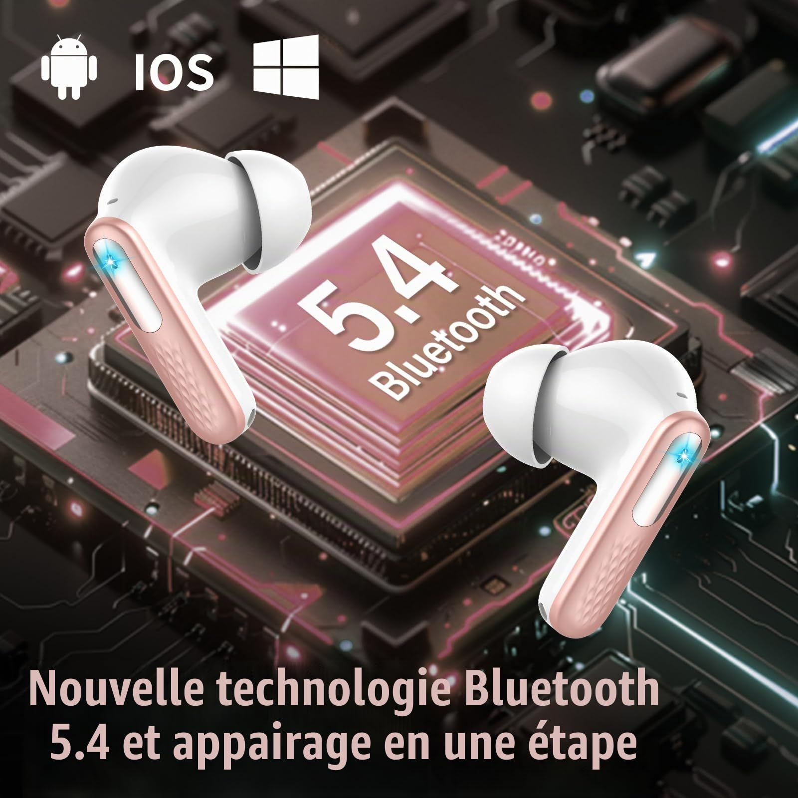 ZYHKON Écouteurs sans Fil avec écran Tactile Intelligent, Bluetooth 5.4 avec Micro, étanchéité IP7, Racine de Lotus Rose