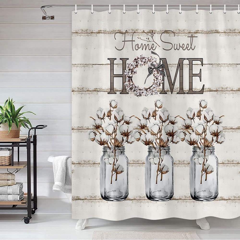 Farmhouse Floral Shower Curtain, Cotton Flower on Rustic Wood Plank Gray White Fabric Shower Curtains, Country Barnwood Modern Bath Accessories Fabric Decor with Shower Hooks (69x75)
