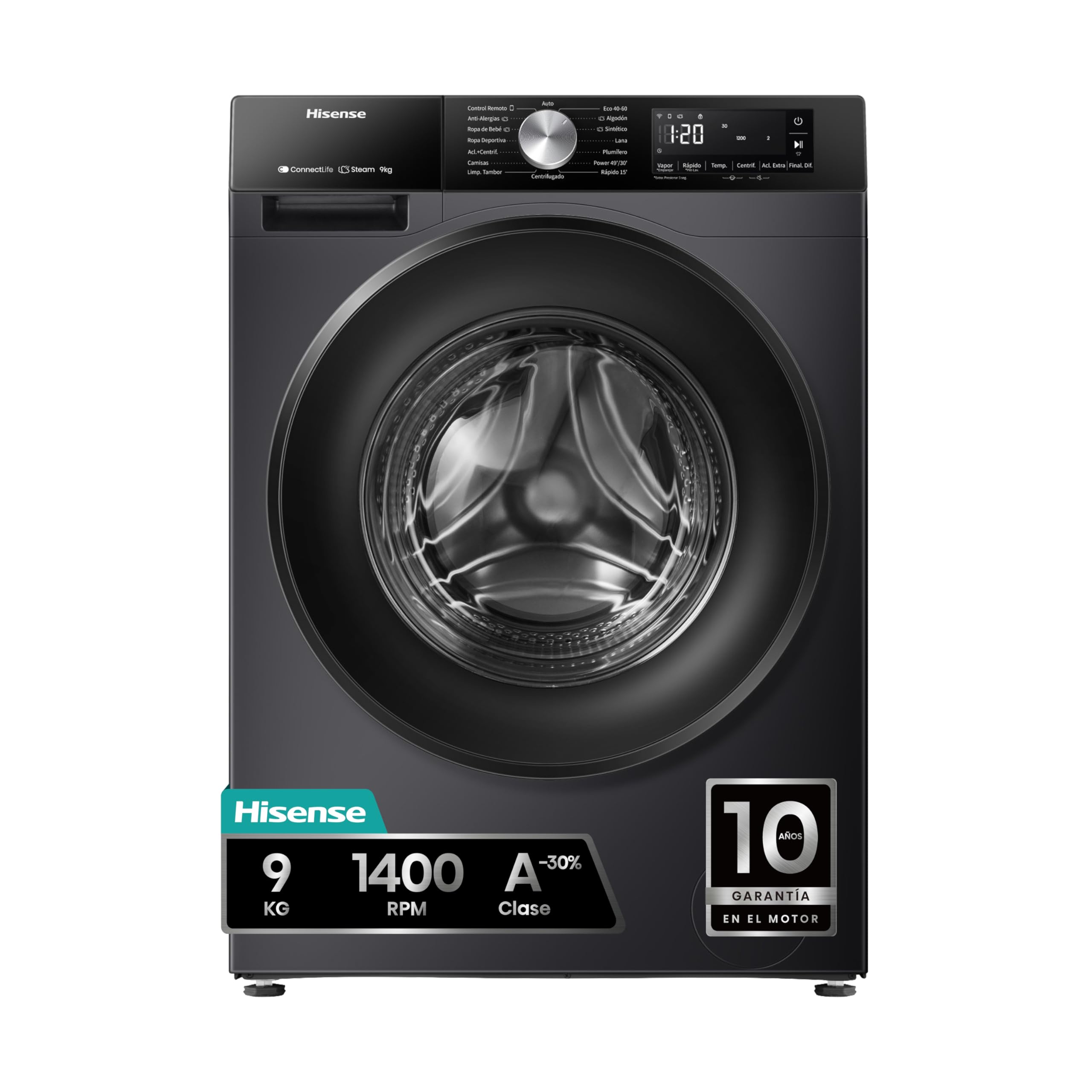Hisense WF3S9043BB3, Lavadora, 9 Kg, Clase A-30%/D, 1400 RPM, Ancho 60 cm, 14 Programas, PureJet, Negro Etiqueta Energética