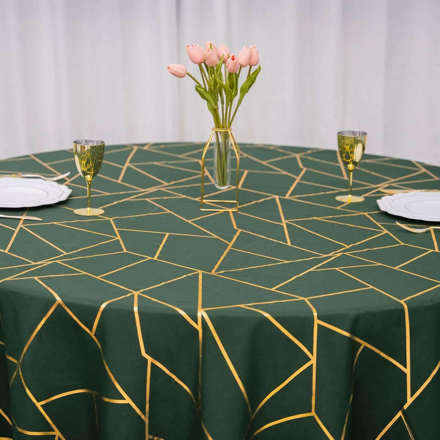 Efavormart 120" Hunter Emerald Green Round Polyester Tablecloth with Gold Foil Geometric Pattern