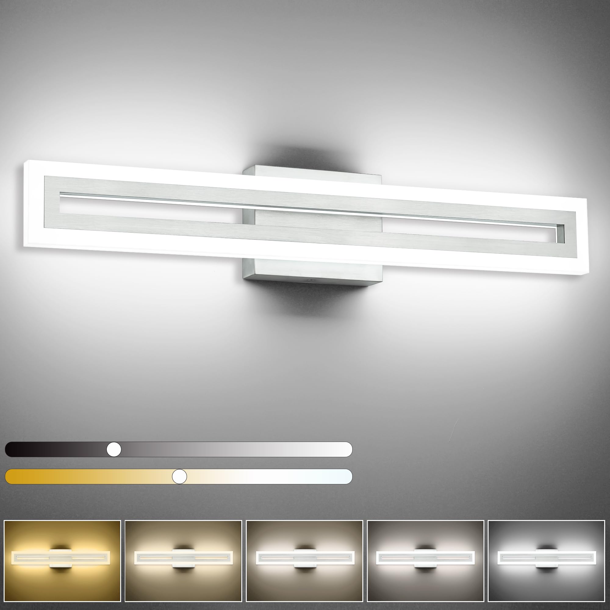 SOLFART Brushed Nickel Vanity Lights for Bathroom 5 Color Adjustable Dimmable 24 Inch Led Vanity Light 5CCT