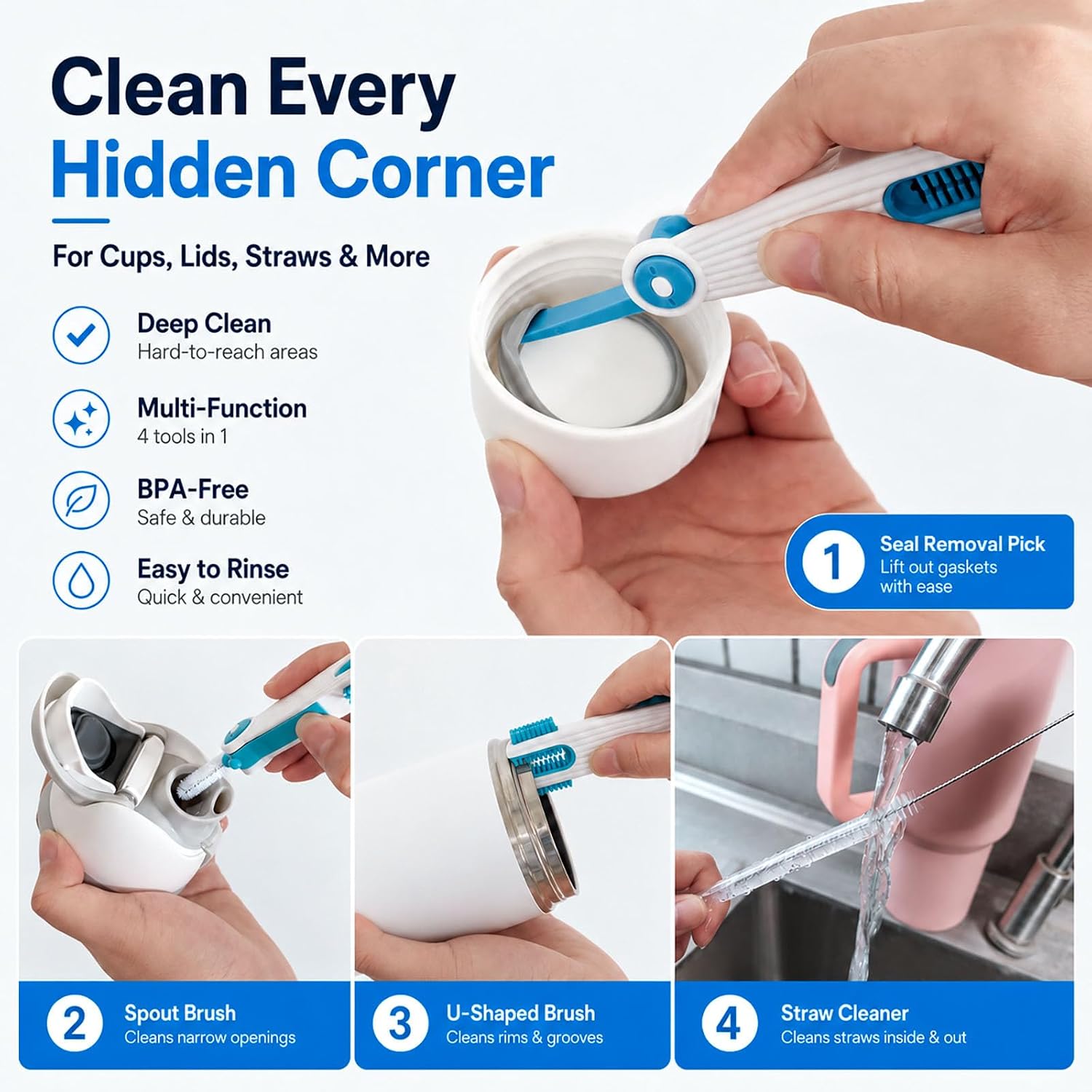 3-in-1 Cup Lid Gap Cleaning Brush Set with 3 Straw Cleaner Brushes, 3-Pack Multifunctional Water Bottle Lid Cleaning Brush, Crevice Brush & Gasket Remover for Tumblers, Travel Mugs, Sports Bottles