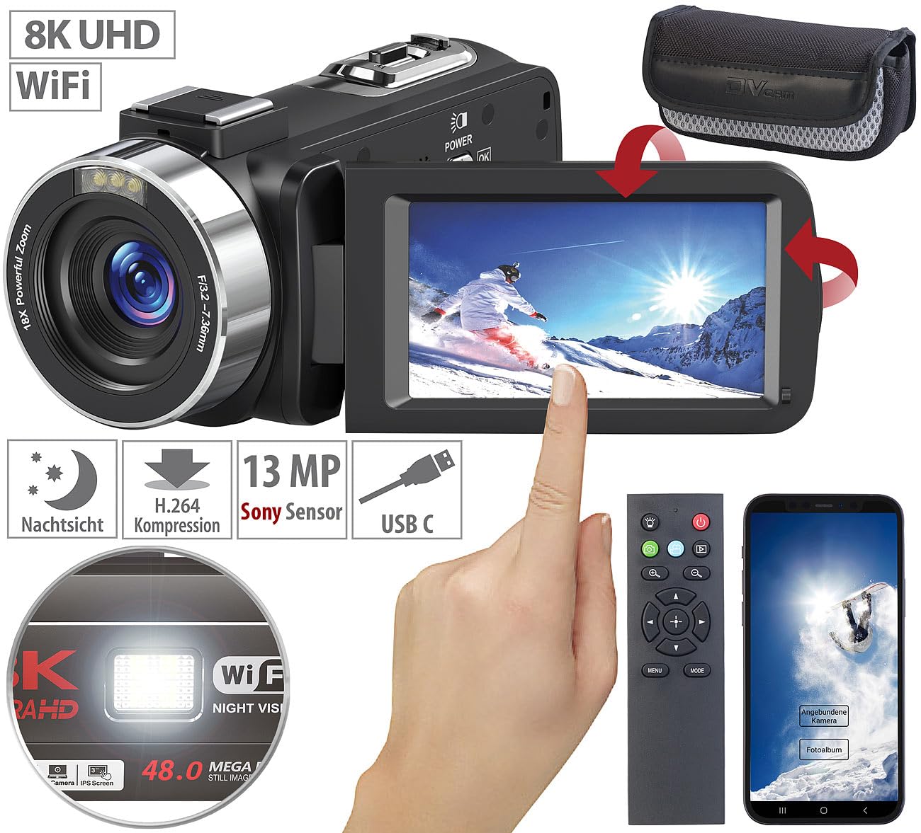Somikon Videokamera: 8K-UHD-WLAN-Camcorder, IPS-Touchdisplay, 48 MP, 18-facher Zoom, App (8K Kamera, Videocamera, Nachtsichtgerät)