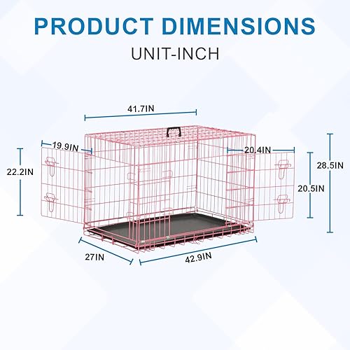 Miniatura 6 de Jaula grande de 42 pulgadas para perros, jaulas de alambre de metal, jaulas plegables de doble puerta con asa a prueba de fugas, color rosa