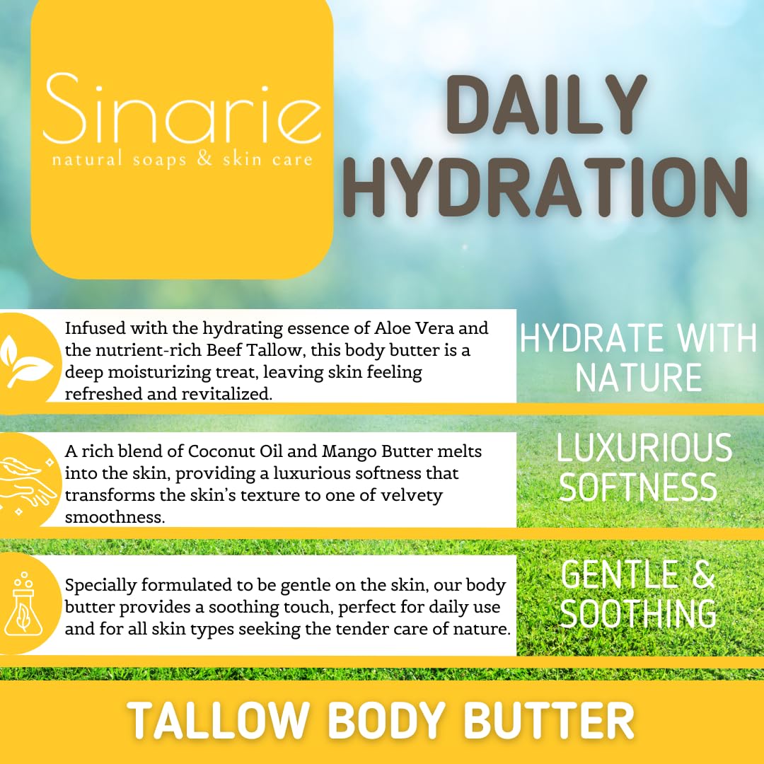 Sinarie Grass-Fed Beef Tallow Body Butter - Emulsified, Non-Greasy Moisturizer, 4 oz Soaps & Skin Care (4 oz., Unscented)