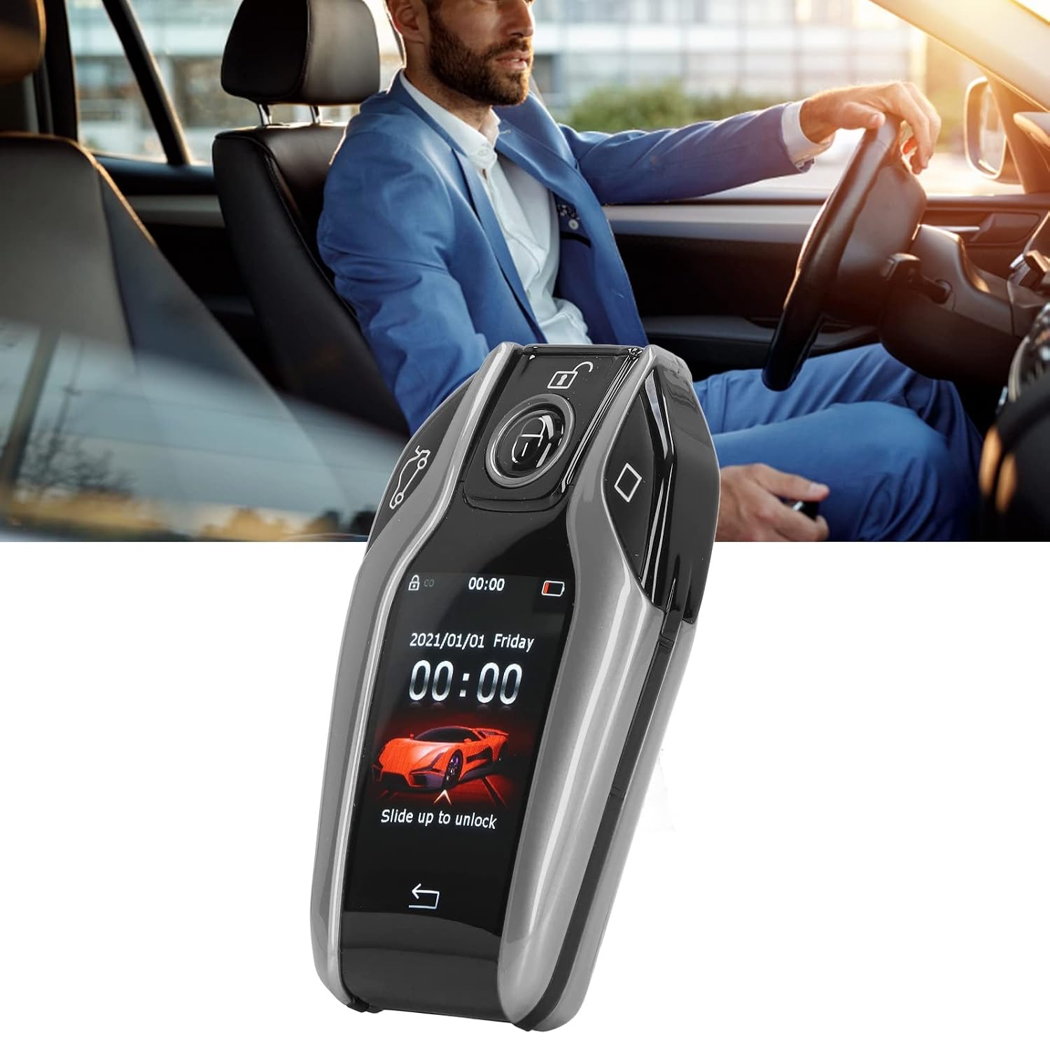 LCD Touch Screen Smart Key Remote Keyless Entry for All Start Stop Engine Button Universal (Silver)