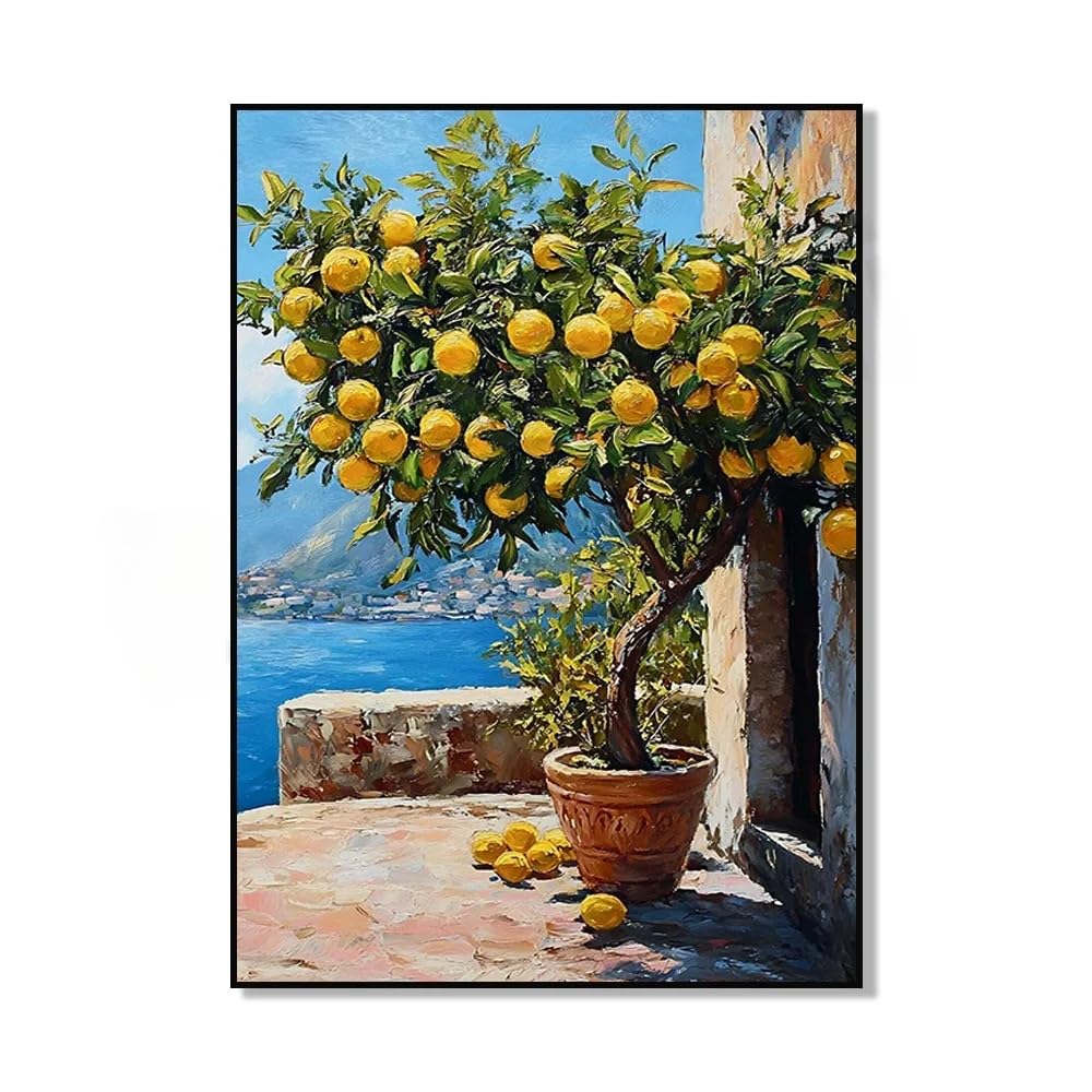 Dittelle Stampa su tela moderna con finestra mediterranea e limoni, poster di alberi di limoni costieri per l'arredamento estivo del soggiorno (30x40 cm/cornice interna)