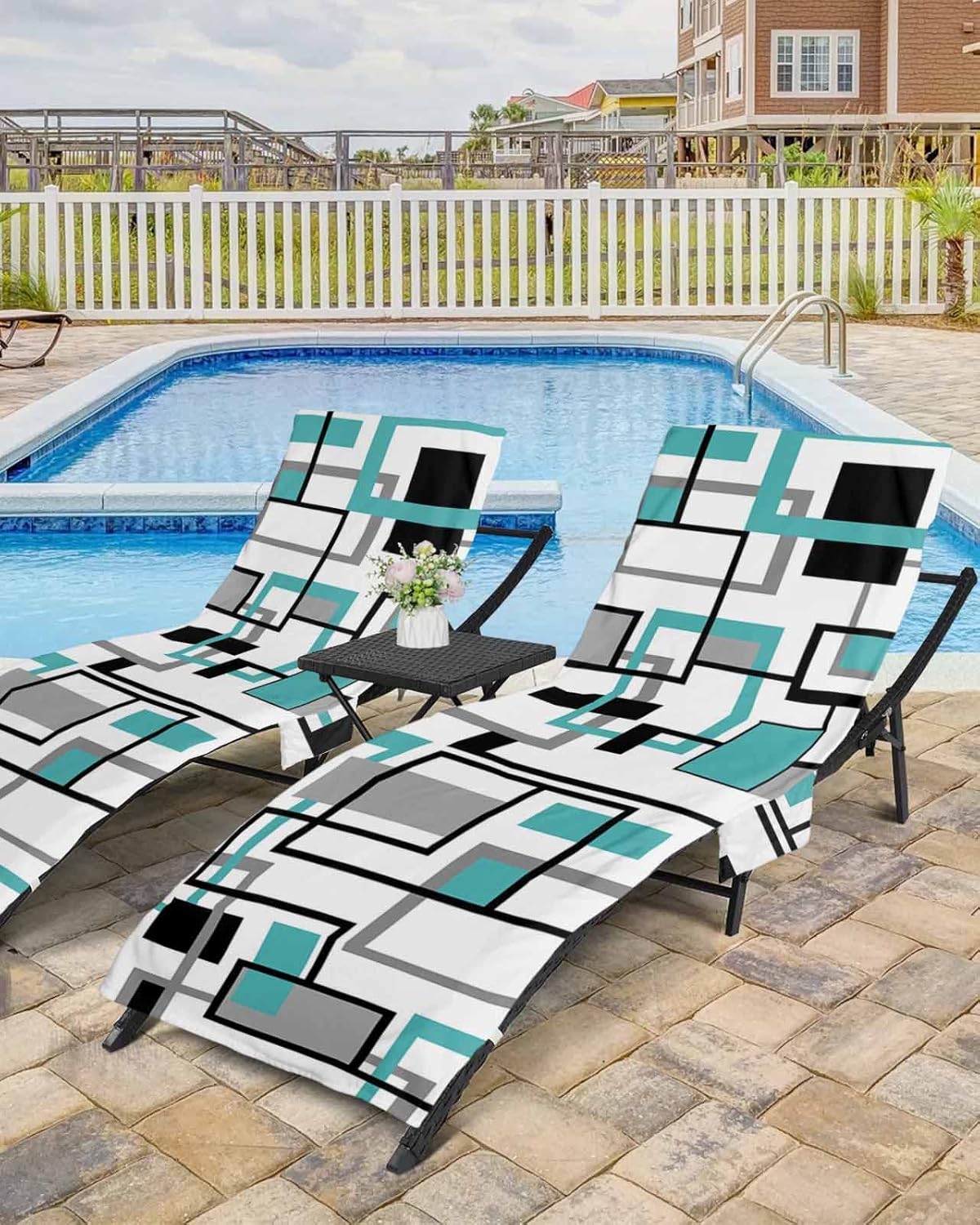 Abstract Aqua Beach Pool Patio Lounge Chaise Chair Cover Towel With Pockets,Absorbent & Quick Dry Microfiber Towel Cover Bag Summer Accessories for Sunbathing Modern Grey White Middle Century