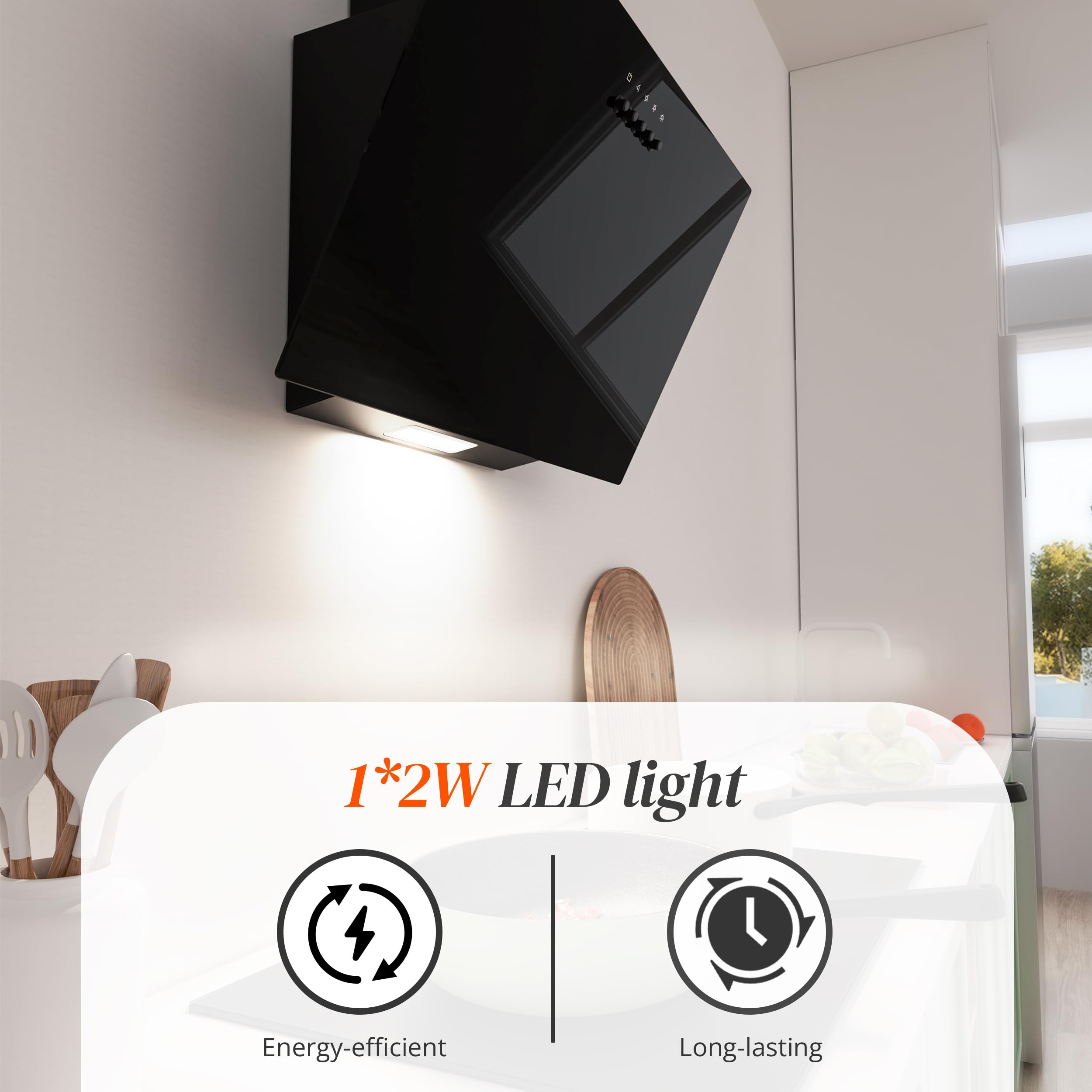 FIREGAS Campana extractora 60cm, Extractor inclinado, Motor sin escobillas, Bajo Consumo, Control Mecánico,3 velocidades, LEDs, Recirculante y Extracción, Incluye filtro de carbón